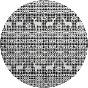 HomeRoots 8' Abstract Geometric Washable Round Rug in Gray, Black & Ivory - UV Protected & Stain-Resistant! 701981