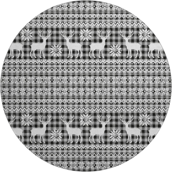 HomeRoots 8' Abstract Geometric Washable Round Rug in Gray, Black & Ivory - UV Protected & Stain-Resistant! 701981