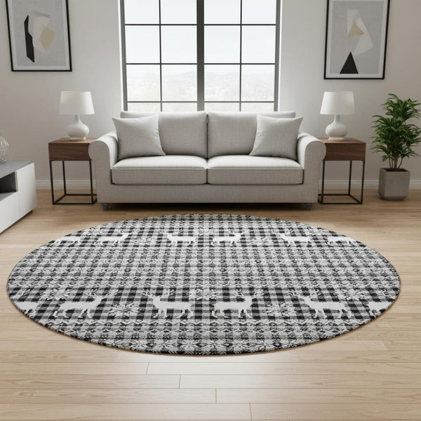 HomeRoots 8' Abstract Geometric Washable Round Rug in Gray, Black & Ivory - UV Protected & Stain-Resistant! 701981