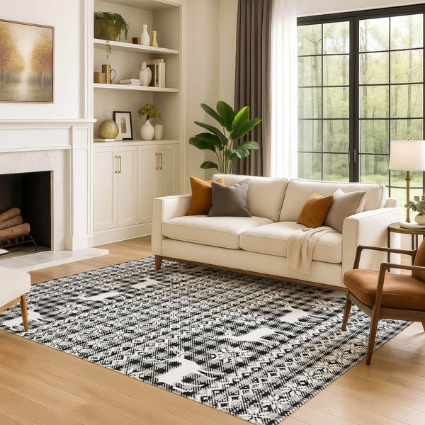 HomeRoots 8' X 10' Modern Abstract Geometric Area Rug - Gray, Black & Ivory, Washable, UV Protected & Durable 701982