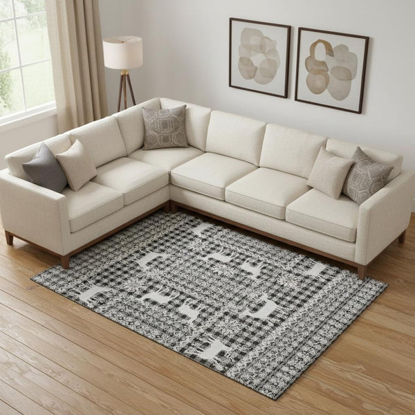 HomeRoots 9' Modern Abstract Geometric Area Rug in Gray, Black & Ivory - Washable, UV-Protected, Non-Slip Design 701983
