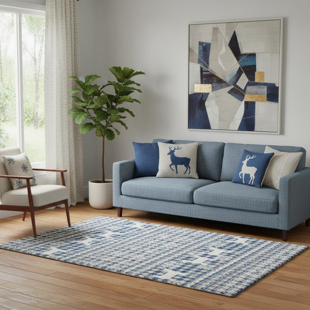 HomeRoots 5' X 8' Navy Blue Beige Ivory Abstract Geometric Washable Rug - Durable, UV Protected, Stylish Design 701986
