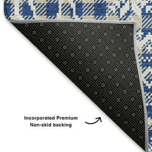 HomeRoots 5' X 8' Navy Blue Beige Ivory Abstract Geometric Washable Rug - Durable, UV Protected, Stylish Design 701986