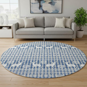 HomeRoots 8' Navy Blue Beige Ivory Abstract Washable Round Rug with Stain Resistance and UV Protection 701987