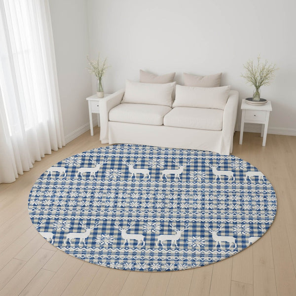 HomeRoots 8' Navy Blue Beige Ivory Abstract Washable Round Rug with Stain Resistance and UV Protection 701987