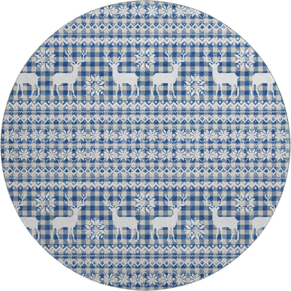 HomeRoots 8' Navy Blue Beige Ivory Abstract Washable Round Rug with Stain Resistance and UV Protection 701987