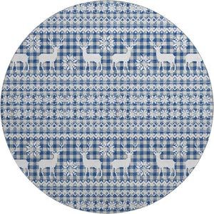 HomeRoots 8' Navy Blue Beige Ivory Abstract Washable Round Rug with Stain Resistance and UV Protection 701987