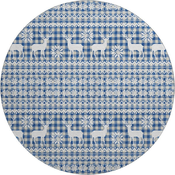 HomeRoots 8' Navy Blue Beige Ivory Abstract Washable Round Rug with Stain Resistance and UV Protection 701987