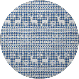 HomeRoots 8' Navy Blue Beige Ivory Abstract Washable Round Rug with Stain Resistance and UV Protection 701987