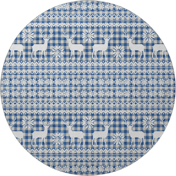HomeRoots 8' Navy Blue Beige Ivory Abstract Washable Round Rug with Stain Resistance and UV Protection 701987