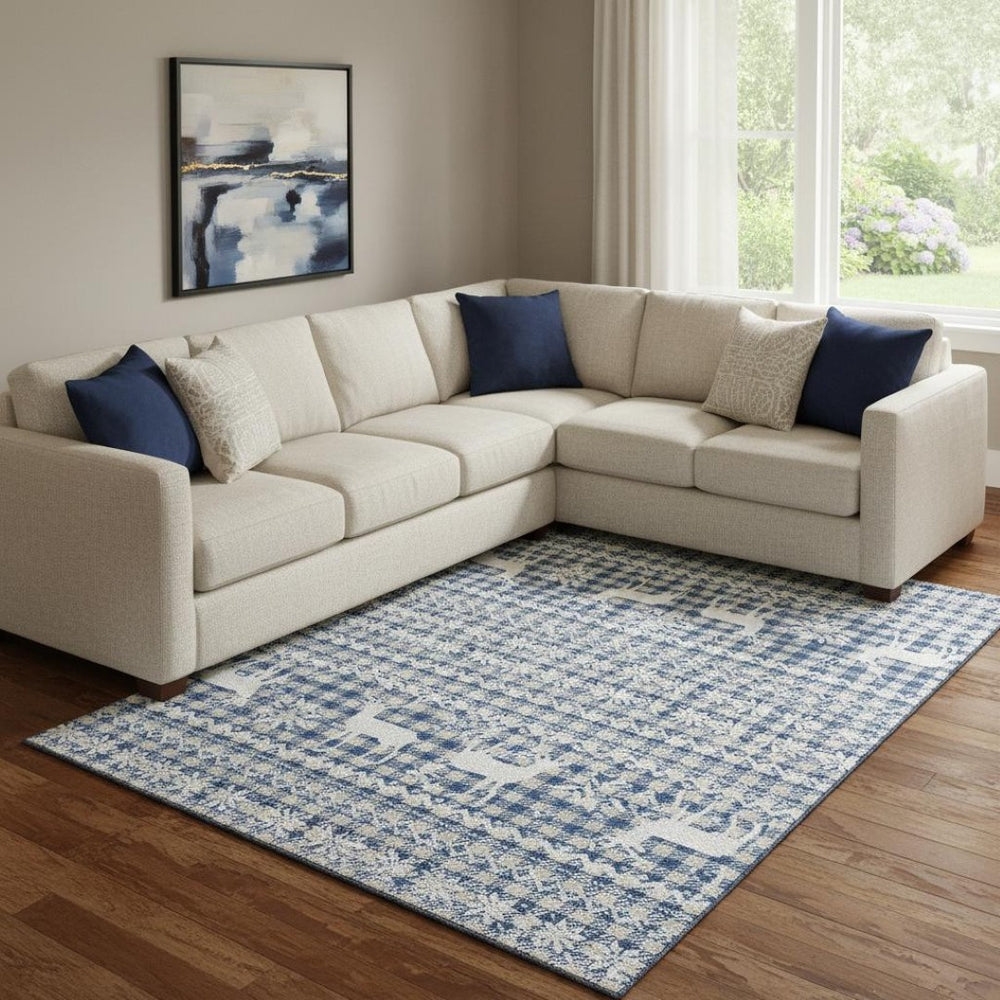 HomeRoots 8' X 10' Washable Area Rug with Abstract Geometric Design in Navy Blue, Beige & Ivory - UV Resistant! 701988