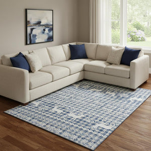 HomeRoots 8' X 10' Washable Area Rug with Abstract Geometric Design in Navy Blue, Beige & Ivory - UV Resistant! 701988