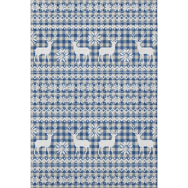 HomeRoots 8' X 10' Washable Area Rug with Abstract Geometric Design in Navy Blue, Beige & Ivory - UV Resistant! 701988