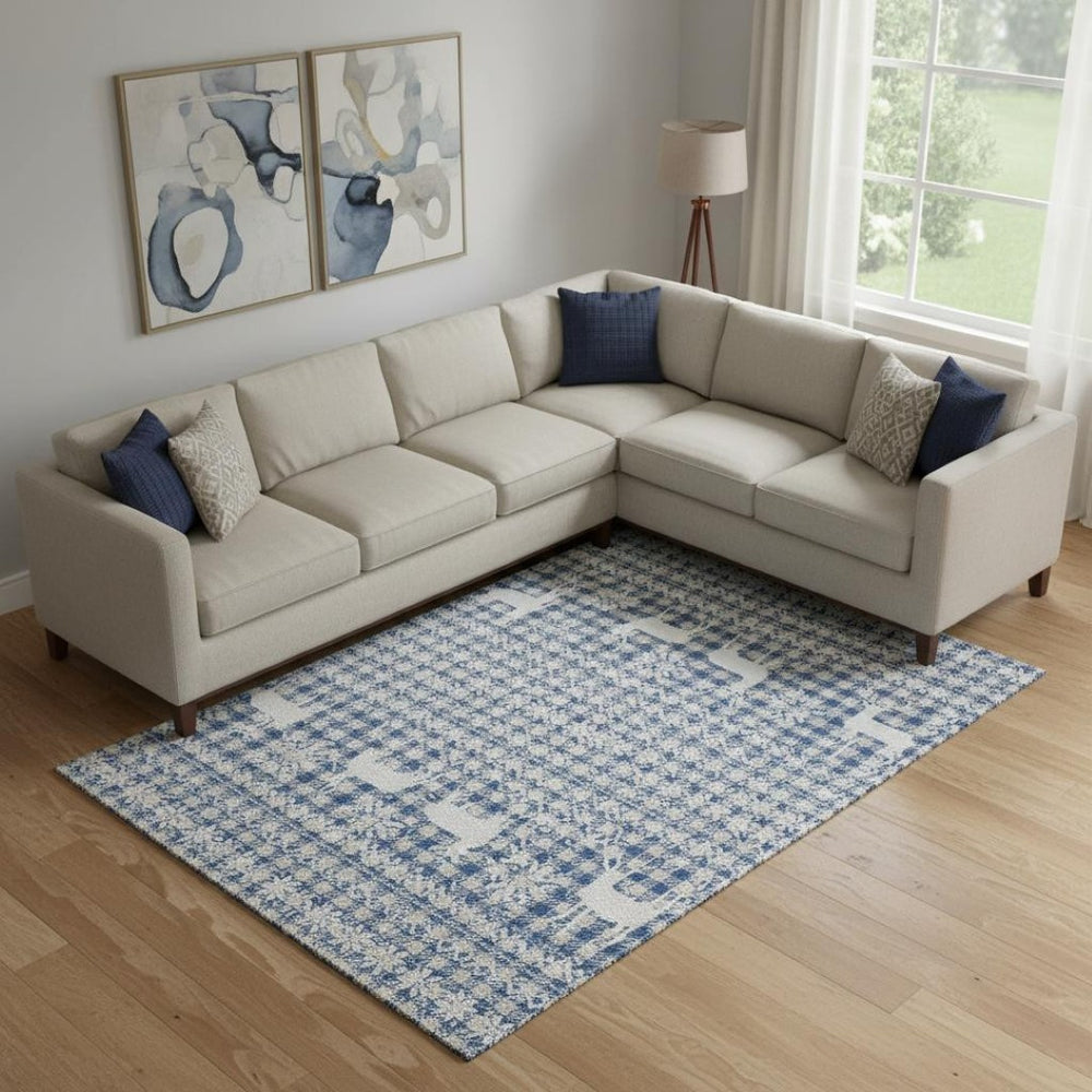 HomeRoots 9' X 12' Stylish Navy Blue Beige Ivory Geometric Area Rug - Washable, UV Protected, Durable Design 701989