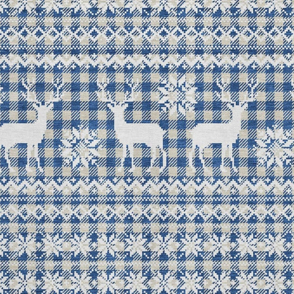 HomeRoots 9' X 12' Stylish Navy Blue Beige Ivory Geometric Area Rug - Washable, UV Protected, Durable Design 701989
