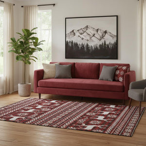 HomeRoots 5' X 8' Bold Red, Black, and Ivory Abstract Area Rug - Washable, UV-Protected, Non-Slip Design! 701992