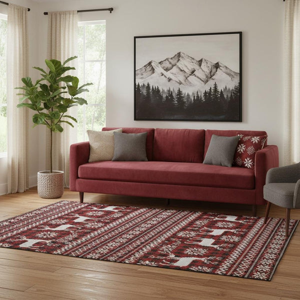 HomeRoots 5' X 8' Bold Red, Black, and Ivory Abstract Area Rug - Washable, UV-Protected, Non-Slip Design! 701992