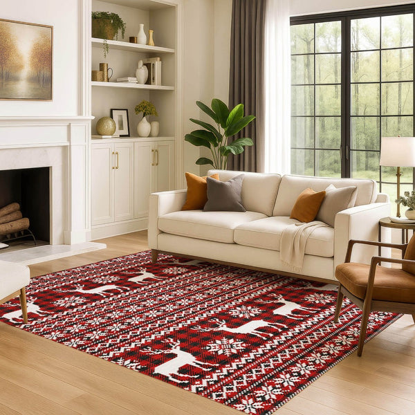 HomeRoots 5' X 8' Bold Red, Black, and Ivory Abstract Area Rug - Washable, UV-Protected, Non-Slip Design! 701992