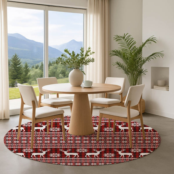HomeRoots 8' Vibrant Red Black Ivory Abstract Round Rug - Washable, UV Protected, Perfect for High-Traffic Areas 701993