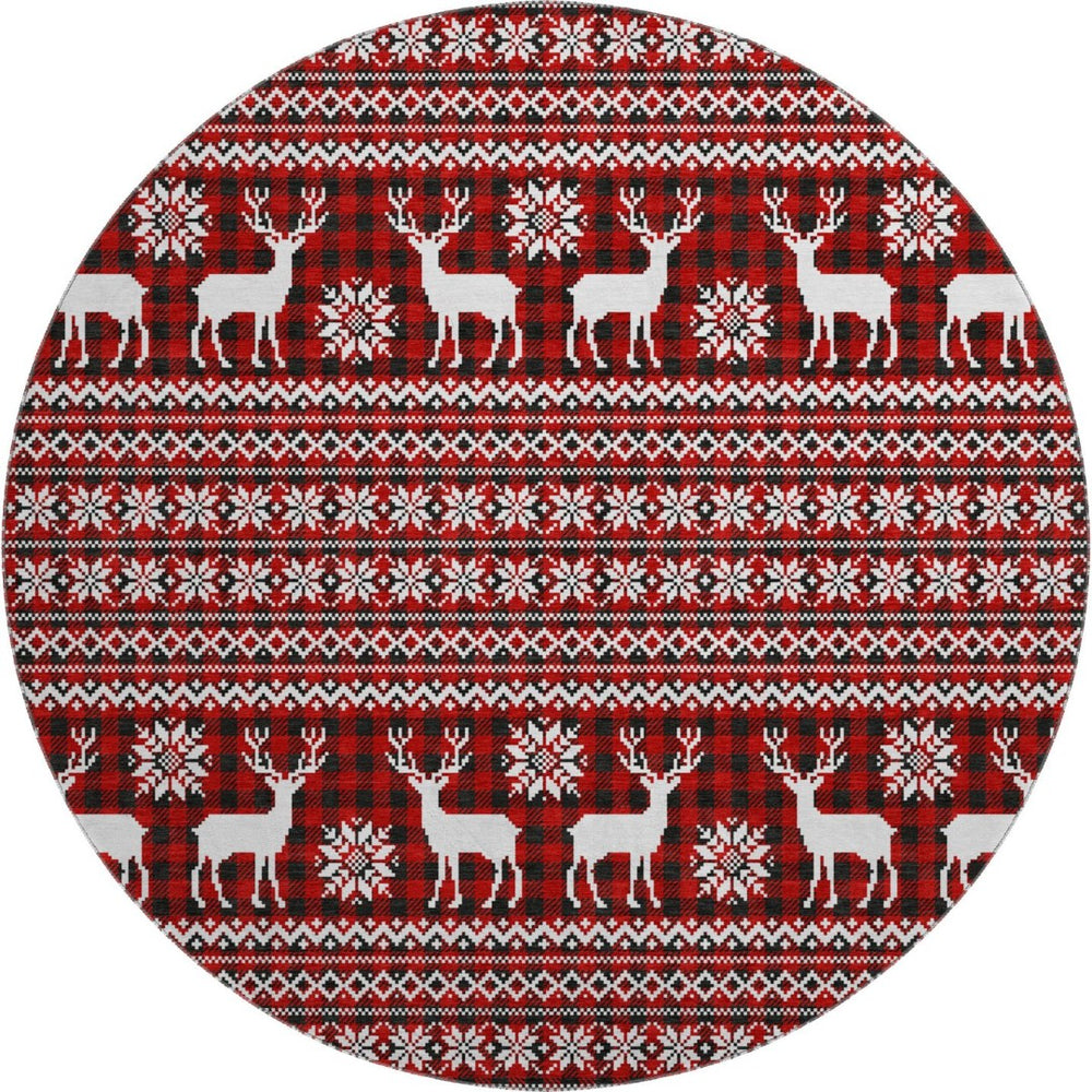 HomeRoots 8' Vibrant Red Black Ivory Abstract Round Rug - Washable, UV Protected, Perfect for High-Traffic Areas 701993
