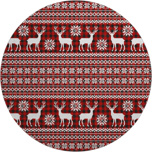 HomeRoots 8' Vibrant Red Black Ivory Abstract Round Rug - Washable, UV Protected, Perfect for High-Traffic Areas 701993