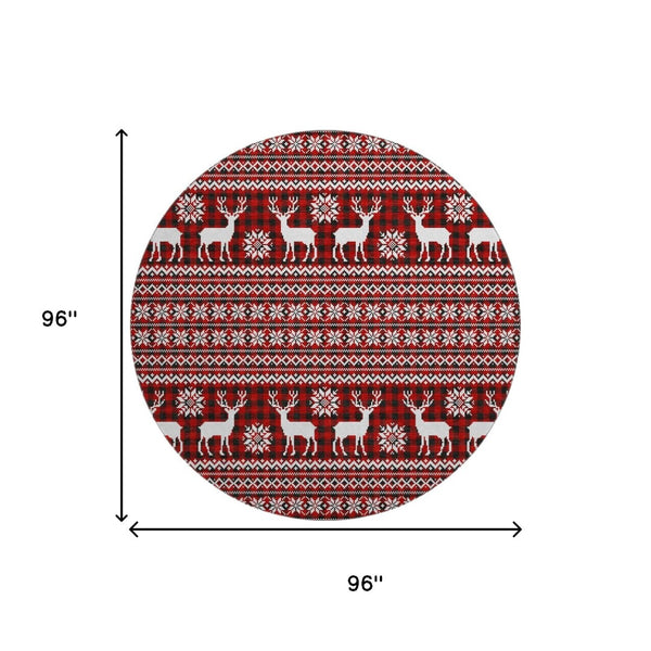 HomeRoots 8' Vibrant Red Black Ivory Abstract Round Rug - Washable, UV Protected, Perfect for High-Traffic Areas 701993