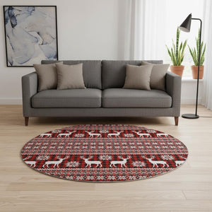 HomeRoots 8' Vibrant Red Black Ivory Abstract Round Rug - Washable, UV Protected, Perfect for High-Traffic Areas 701993
