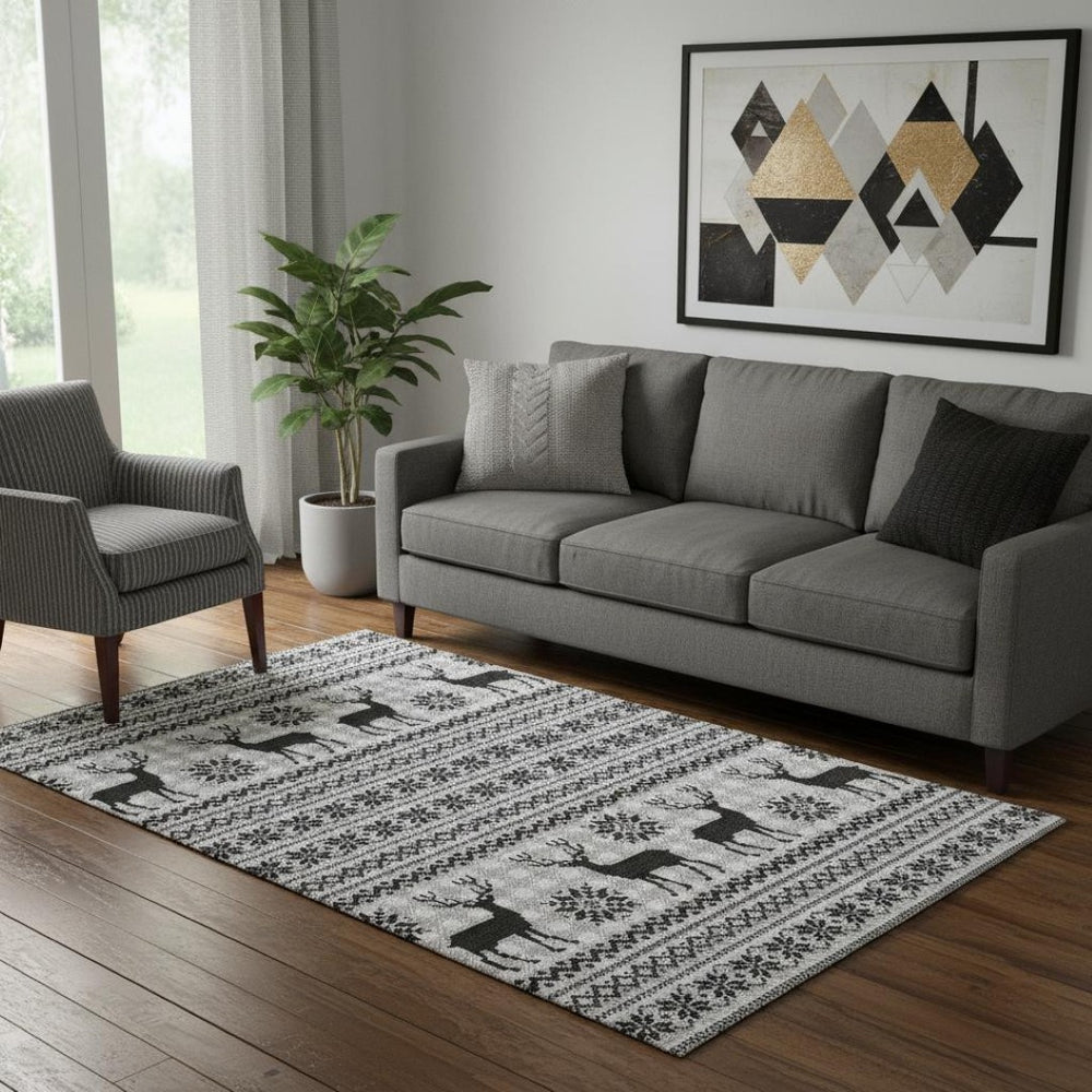 HomeRoots 5' X 8' Stylish Silver Black Ivory Geometric Area Rug - Washable, UV Protected, Family-Friendly Design 701998