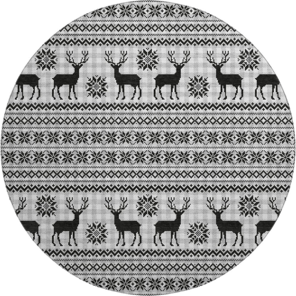 HomeRoots 8' Contemporary Abstract Geometric Round Rug in Silver, Black, and Ivory - Washable & Durable Design 701999