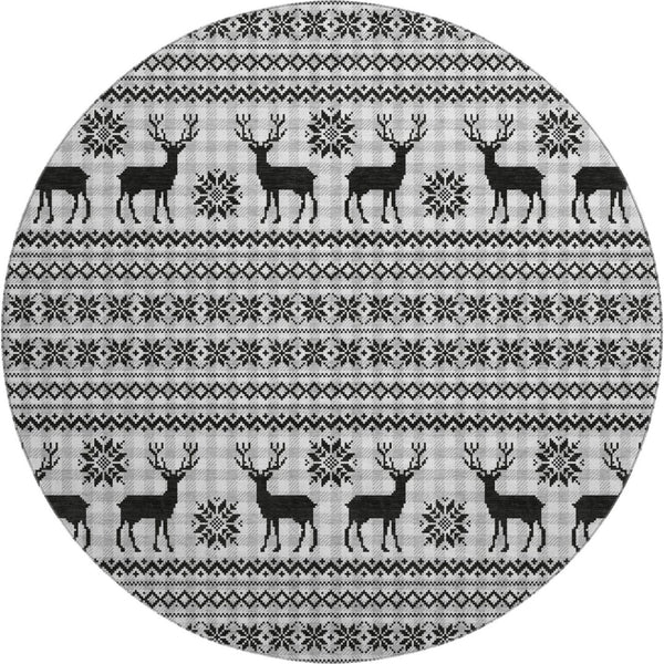 HomeRoots 8' Contemporary Abstract Geometric Round Rug in Silver, Black, and Ivory - Washable & Durable Design 701999