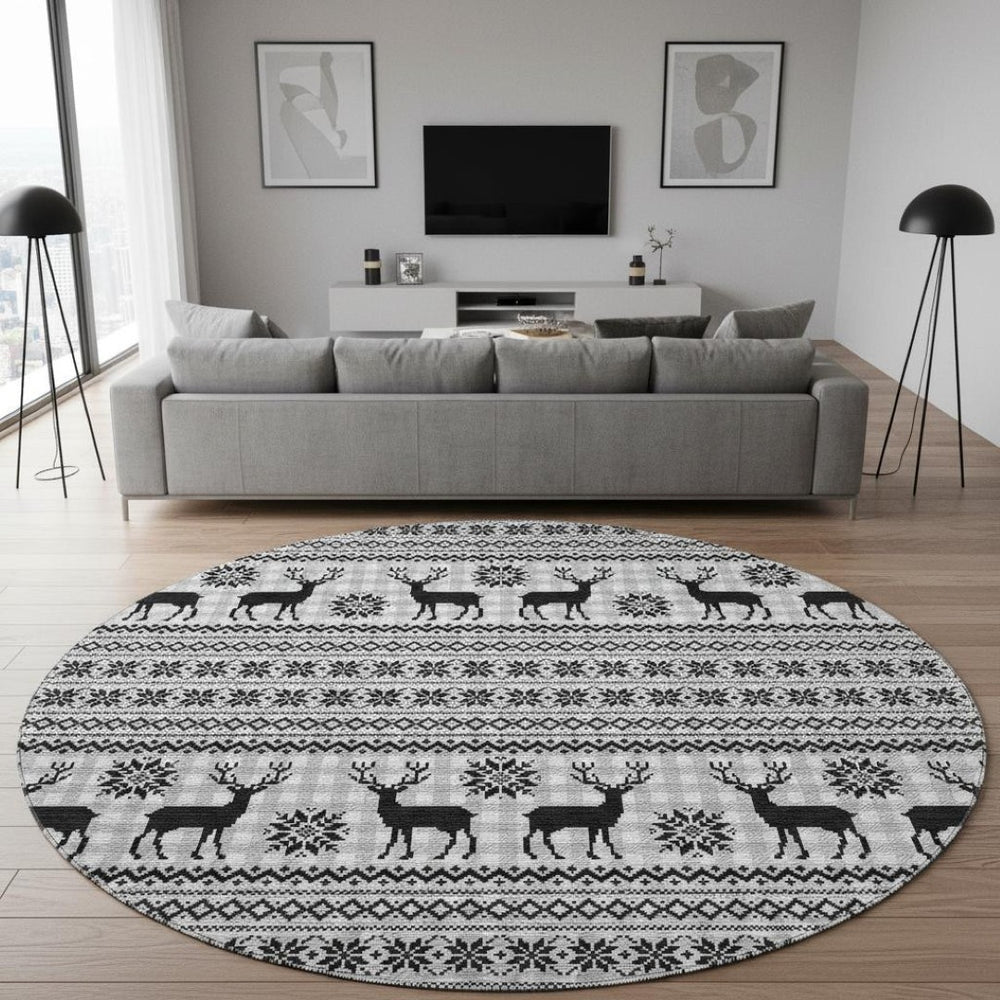 HomeRoots 8' Contemporary Abstract Geometric Round Rug in Silver, Black, and Ivory - Washable & Durable Design 701999