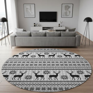 HomeRoots 8' Contemporary Abstract Geometric Round Rug in Silver, Black, and Ivory - Washable & Durable Design 701999
