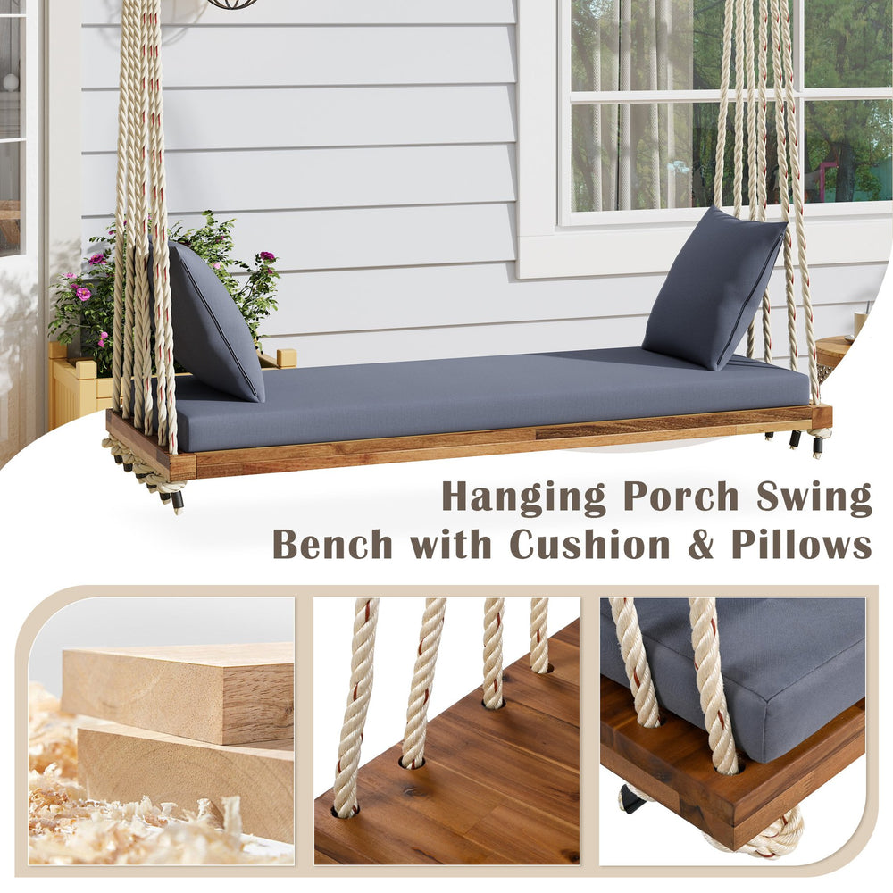 English Elm TOPMAX Acacia Wood Patio Swing Chair with Cushion & Pillows, 63" Comfortable Seat, 400lb Capacity Natural N717P210136N