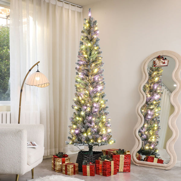 English Elm Homcom 7.5 Ft Pre-Lit Pencil Christmas Tree With 220 Dual-Color Leds & Snow-Flocked Branches For Holidays W2225P249683