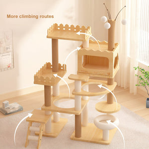 English Elm 66.9" Tall Wood Cat Tree with Acrylic Hammock Sisal Posts and Perch for Indoor Cats W3101P445946