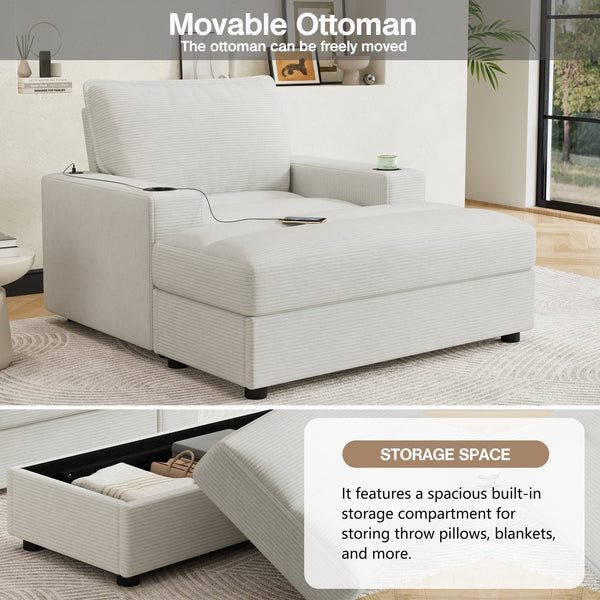 English Elm Christopher Knight Home® - 42.8" Oversized Chaise Lounge with Storage Ottoman, Corduroy Upholstery, USB Port & Cup Holders for Cozy Living Space Beige N765P350851W