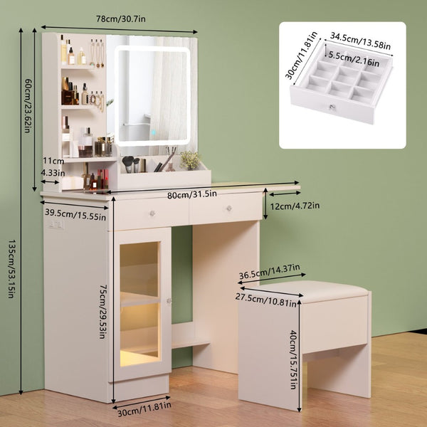 English Elm Small Vanity Desk With Adjustable Led Mirror, Usb Charging, And Organized Storage – Perfect For Compact Spaces W3767P360334-GIGA