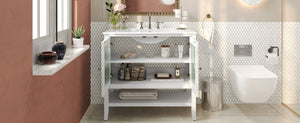 English Elm Christopher Knight Home® - 36" Bathroom Vanity with Ceramic Sink, Solid Wood Legs, Waterproof Finish, Soft-Close Hinges, Open Shelf, Silver Knobs White N817P286249W