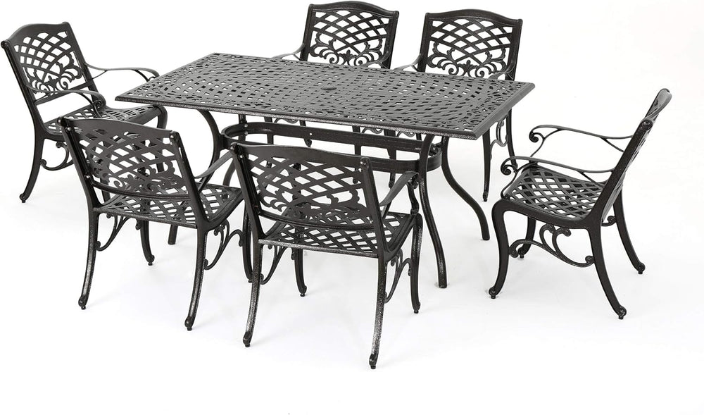 English Elm Christopher Knight Home® - Ravenna Bronze 6-Person Cast Aluminum Patio Dining Set with Floral Lattice Table, Rust-Resistant 54589.00BZE-6_57704.00