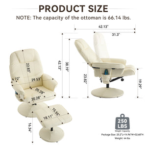 English Elm 011-Massage Recliner Chair with Ottoman, 360° Swivel PU Leather, 5-Point Vibration Massage, Heated Seat, 140° Backrest Comfort Beige W2636P262427
