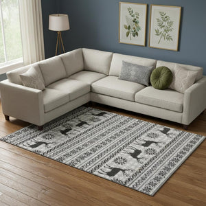 HomeRoots 9' X 12' Silver Black Ivory Abstract Geometric Area Rug - Washable, UV Protected, Stain Resistant & Durable 702001