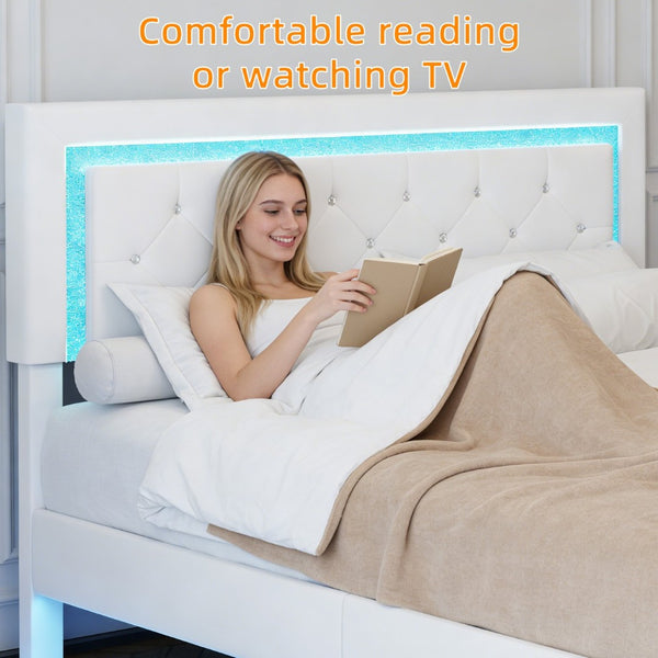 English Elm Full Size Floating Platform Bed Tufted Upholstered Headboard with Rgb Led Underlighting Beige W3107P419262
