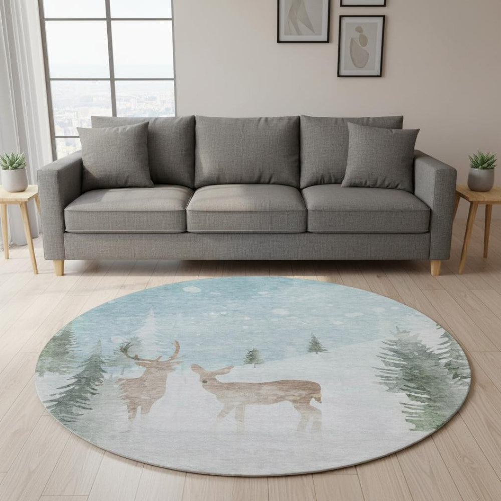 HomeRoots 8' Sky Blue, Ivory & Khaki Abstract Round Rug - Washable, UV-Protected, Durable for High-Traffic Areas 702005