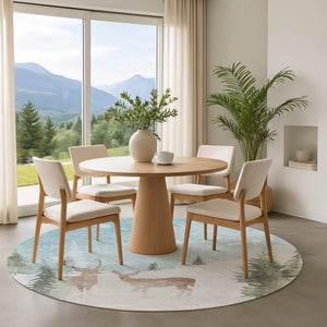 HomeRoots 8' Sky Blue, Ivory & Khaki Abstract Round Rug - Washable, UV-Protected, Durable for High-Traffic Areas 702005