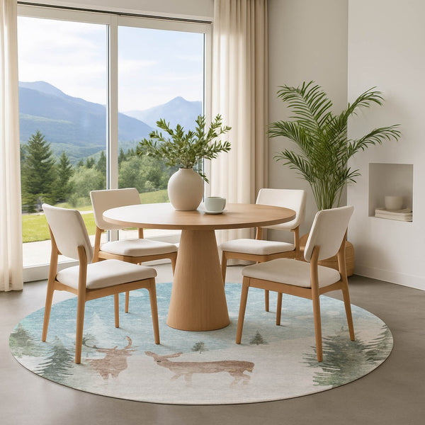 HomeRoots 8' Sky Blue, Ivory & Khaki Abstract Round Rug - Washable, UV-Protected, Durable for High-Traffic Areas 702005