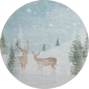 HomeRoots 8' Sky Blue, Ivory & Khaki Abstract Round Rug - Washable, UV-Protected, Durable for High-Traffic Areas 702005