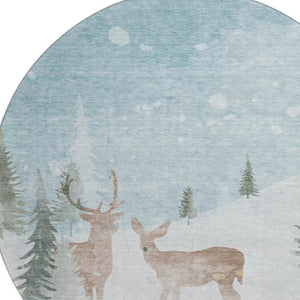 HomeRoots 8' Sky Blue, Ivory & Khaki Abstract Round Rug - Washable, UV-Protected, Durable for High-Traffic Areas 702005