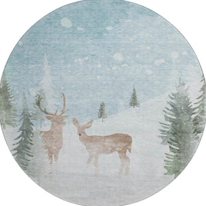 HomeRoots 8' Sky Blue, Ivory & Khaki Abstract Round Rug - Washable, UV-Protected, Durable for High-Traffic Areas 702005