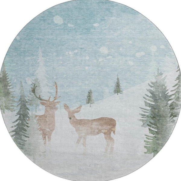 HomeRoots 8' Sky Blue, Ivory & Khaki Abstract Round Rug - Washable, UV-Protected, Durable for High-Traffic Areas 702005
