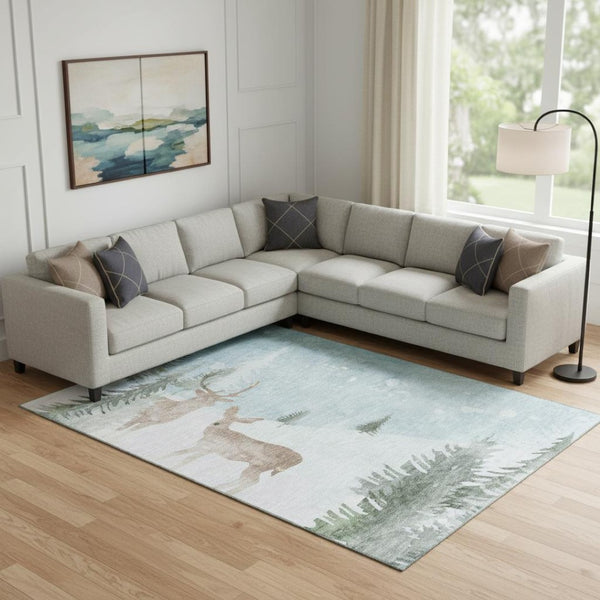 HomeRoots 9' X 12' Sky Blue Ivory Khaki Geometric Area Rug - Washable, UV Resistant, Durable for Busy Homes 702007